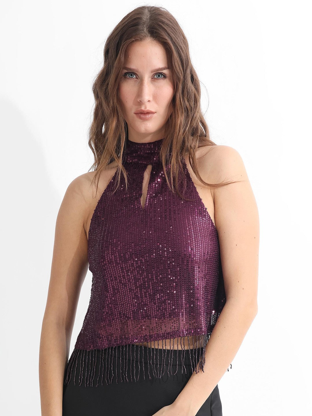 Maroon crop a-line top, Embellished, Halter neck, sleeveless, no sleeves, Sequinned detail, Woven, Buy western tops for women online at purepearlbeauty.com, at 50% discount, sale, limited edition, imported clothes, Partywear tops, sparkle, glitter, 
