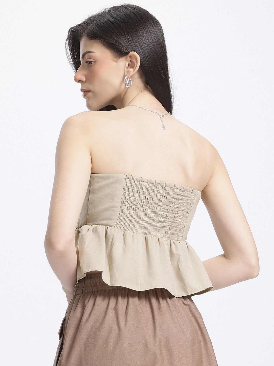 Strapless Tie-Up Stretchable Back Top - Taupe