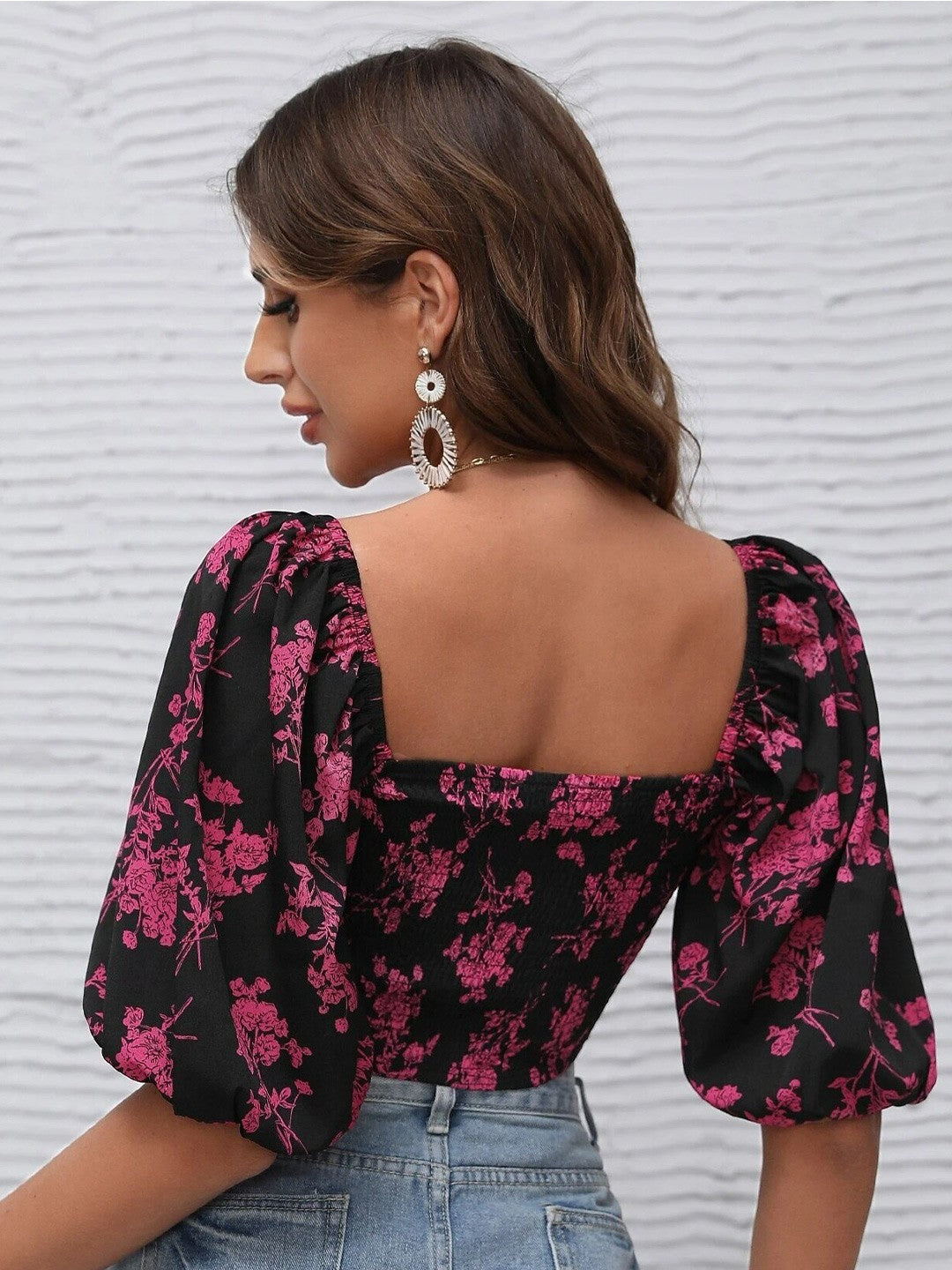 Floral Printed Puff Sleeve Crop Top