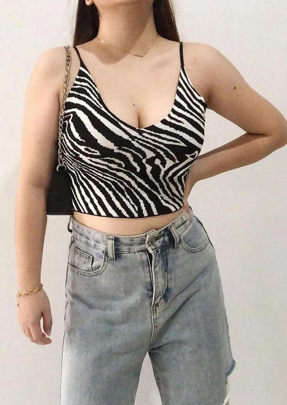 Black Printed Free Size Crop Top