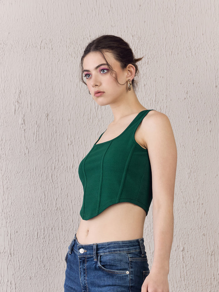 Solid Green Square Neck Sleeveless Cropped Tank Top