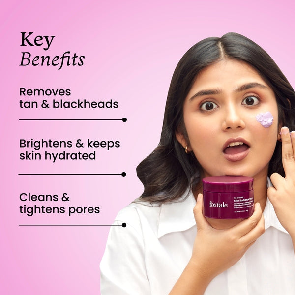 Foxtale De-Tan Face Mask for Glowing Skin| Clay Mask with Lactic Acid for Tan Removal, Reduction in Blackheads, Instant Brightening| New-Age Ubtan Face Pack for All Skin Types | Men & Women- 75g, Brazilian Purple Clay & Kaolin Clay, buy best face mask online at purepearlbeauty.com, Vegan, Cruelty Free, Paraben Free, Sulfate Free, Dermatologically Tested