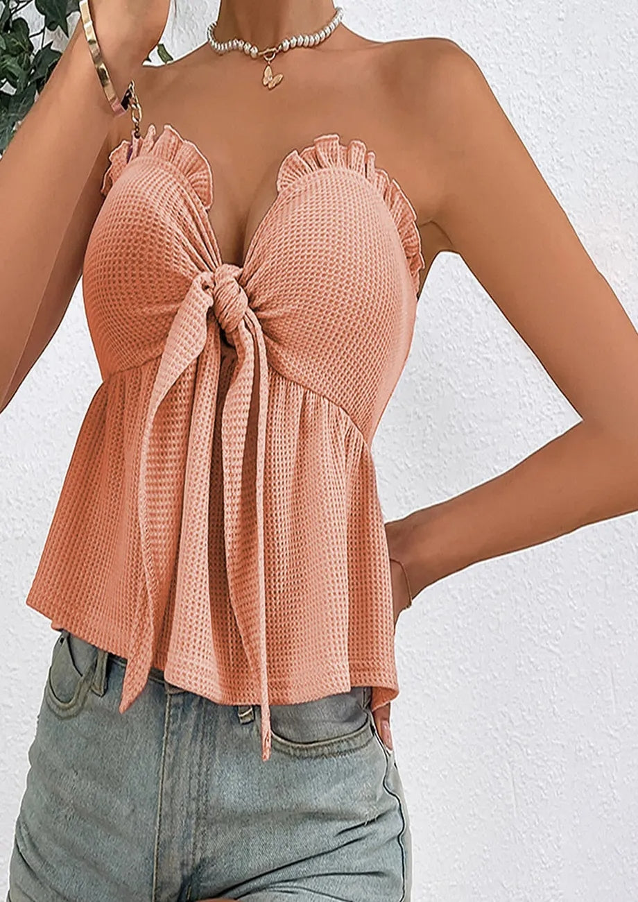 Knot-Tie Textured Orange Tube Top