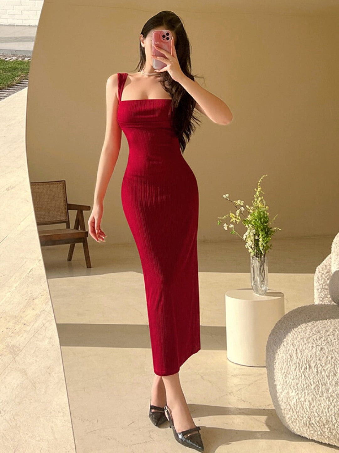 Red Shoulder Straps Bodycon Maxi Dress