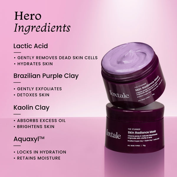 Foxtale De-Tan Face Mask for Glowing Skin| Clay Mask with Lactic Acid for Tan Removal, Reduction in Blackheads, Instant Brightening| New-Age Ubtan Face Pack for All Skin Types | Men & Women- 75g, Brazilian Purple Clay & Kaolin Clay, buy best face mask online at purepearlbeauty.com, Vegan, Cruelty Free, Paraben Free, Sulfate Free, Dermatologically Tested