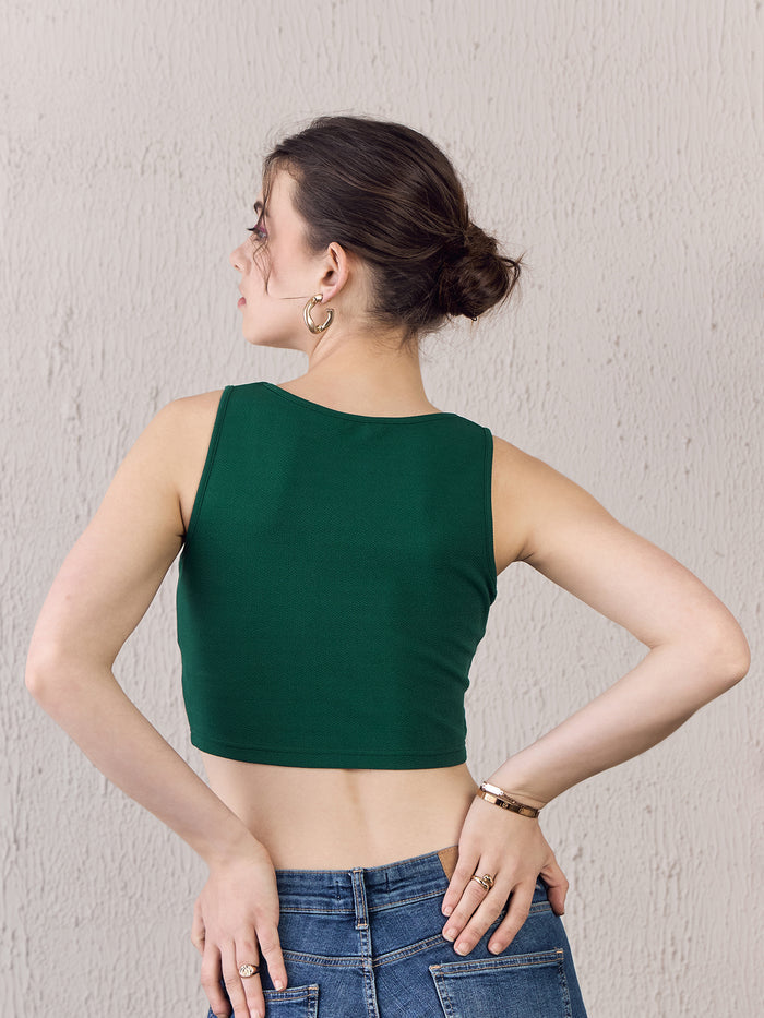 Solid Green Square Neck Sleeveless Cropped Tank Top