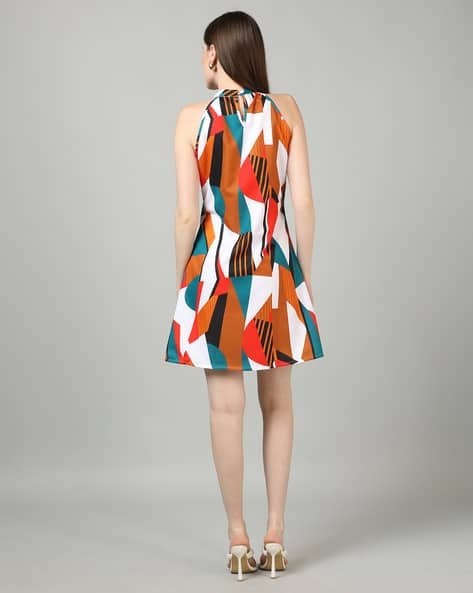 Halter Neck Abstract Print Mini A-Line Dress
