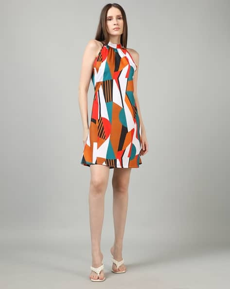 Halter Neck Abstract Print Mini A-Line Dress