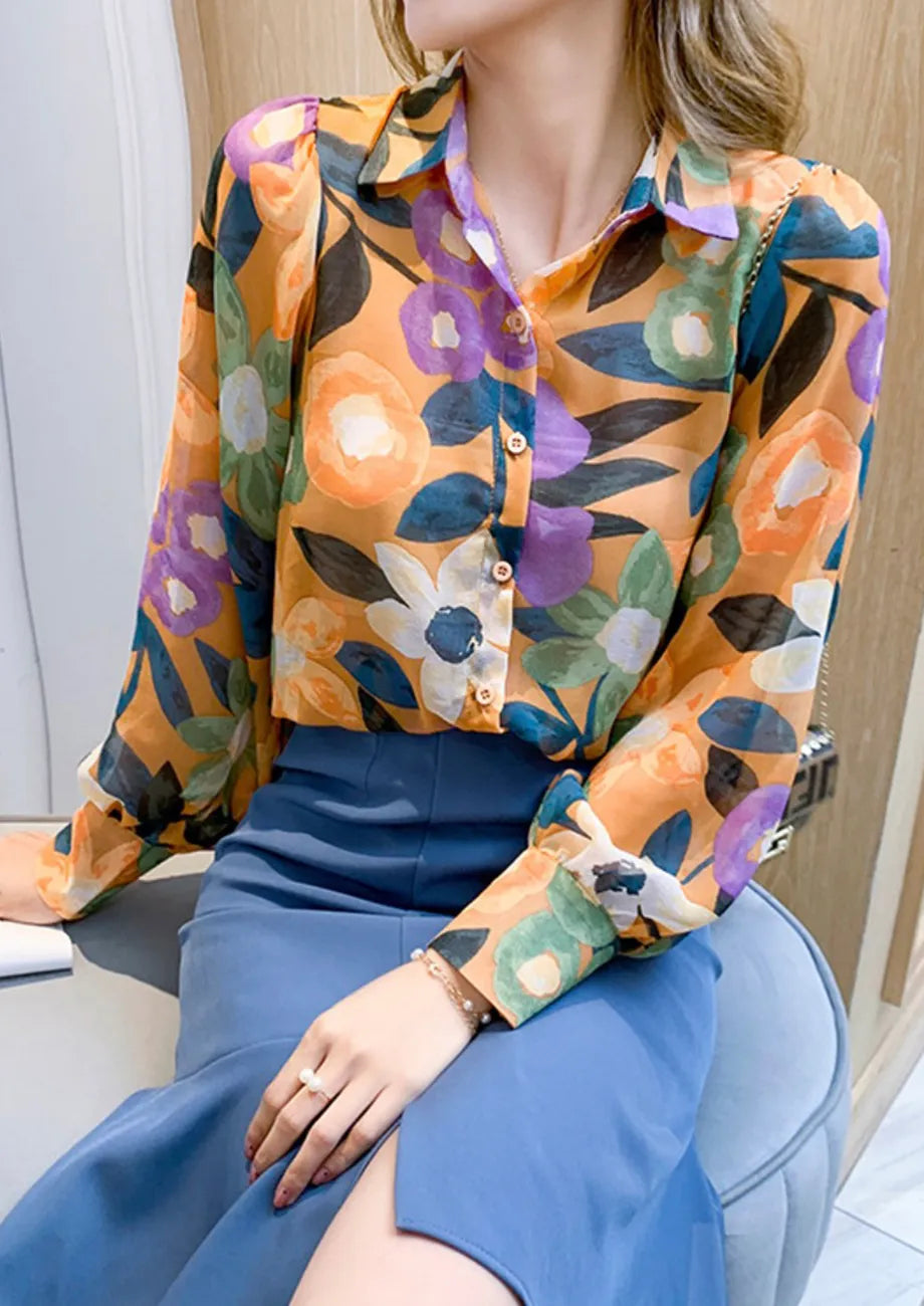 Orange Lantern-Sleeve Printed Shirt