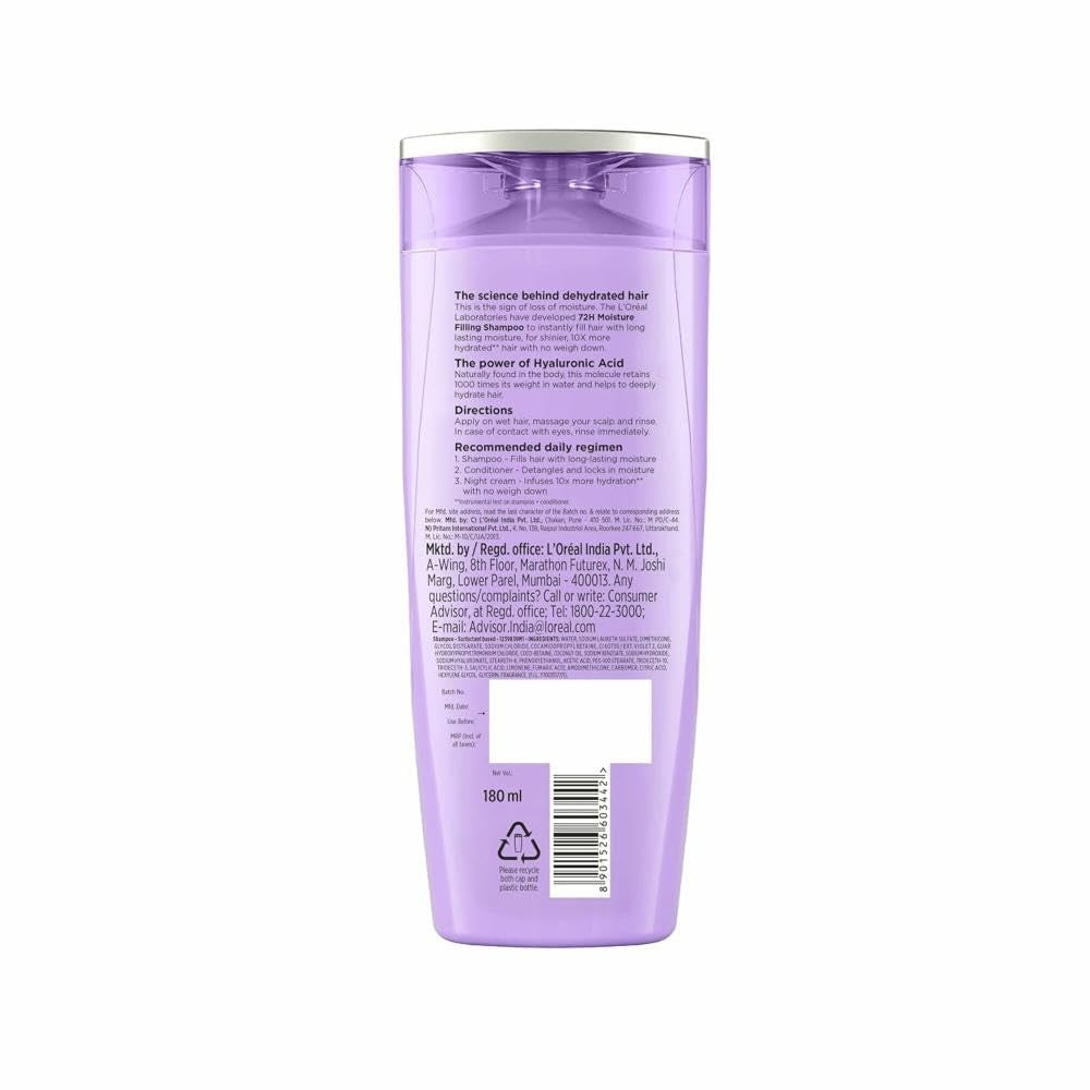 L’Oréal Paris Moisture Filling Shampoo, With Hyaluronic Acid, For Dry & Dehydrated Hair, Adds Shine & Bounce, Hyaluron Moisture 72H, 200ML, buy beauty and cosmetic products online in India at Pure Pearl beauty
