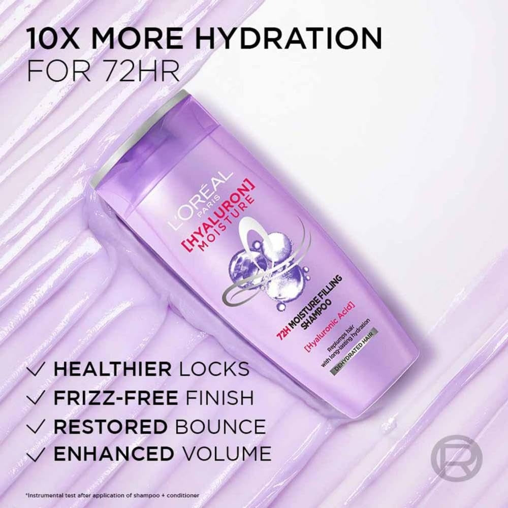 L’Oréal Paris Moisture Filling Shampoo, With Hyaluronic Acid, For Dry & Dehydrated Hair, Adds Shine & Bounce, Hyaluron Moisture 72H, 200ML, buy beauty and cosmetic products online in India at Pure Pearl beauty