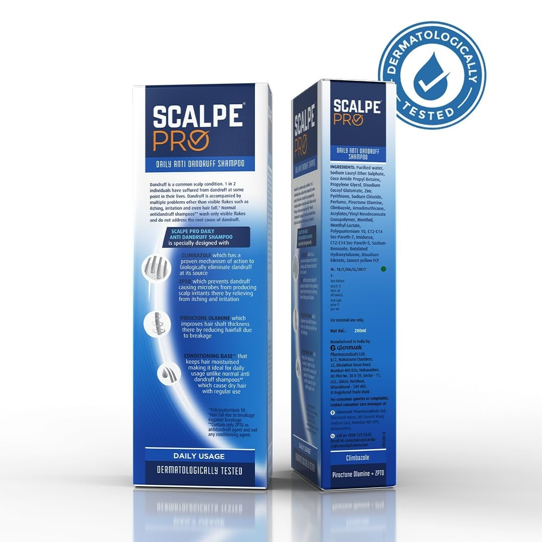 Scalpe Pro Daily Anti-Dandruff Shampoo|Removes Dandruff| Helps With Itching, Irritation & Redness|Climbazole & Zpto Formulation|Strong & Smooth Hair| Daily Use|Dermatologically Tested|For Unisex|200Ml
