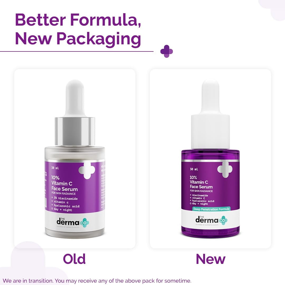 The Derma Co 10% Vitamin C Face Serum with 5% Niacinamide, Powered by Deep Penetration Formula™ | Fades Dark Spots | Reduces Pigmentation | Boosts Collagen | Brightens Skin | Suitable for All Skin Types | 30 ml
