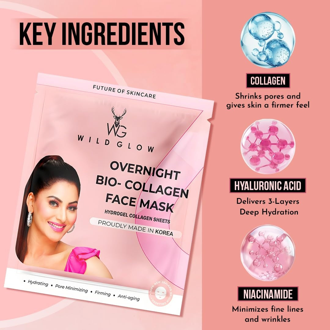 WILDGLOW Korean Glass Skin Bio-Collagen Overnight Face Mask for Deep Hydration, Pigmentation, Anti-Aging & Pore Minimizing | Hyaluronic Acid, Niacinamide, Vitamin E & Centella | Korean Glass Skin, Centella, Collagen mask, Niacinamide, Oligo Hyaluronic acid, Fairness face pack, peel off mask, for men & women, buy best face mask online at purepearlbeauty.com,
