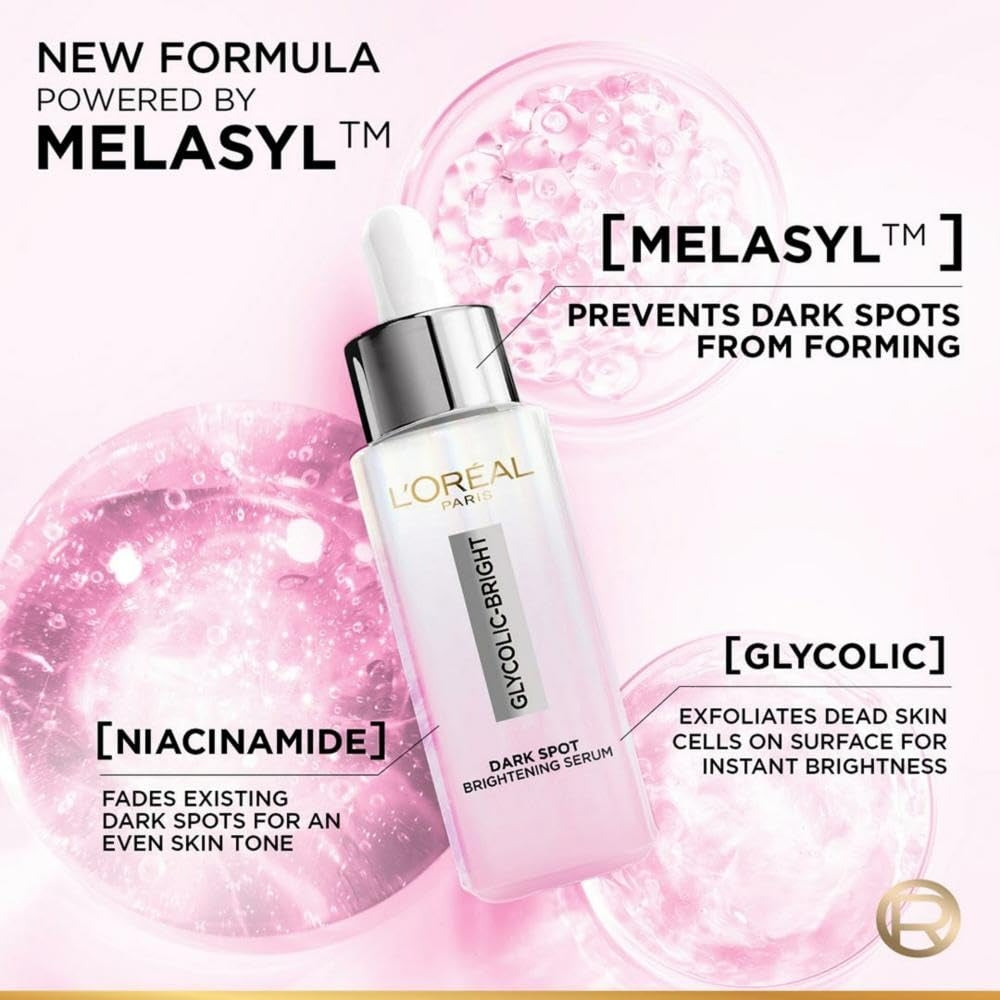 L'Oreal Paris Glycolic Bright 8% [Melasyl + Niacinamide] Face Serum for Brightening Dark Spots 30ml
