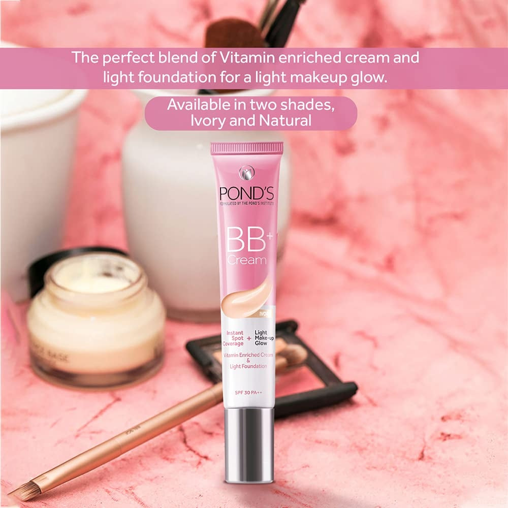 POND'S BB+ Cream, Instant Spot Coverage + Light Make-up Glow, Ivory 18g, for all skin types,brightening cream, SPF 30 and PA++, Ponds cream for women,Buy at purepearlbeauty.com