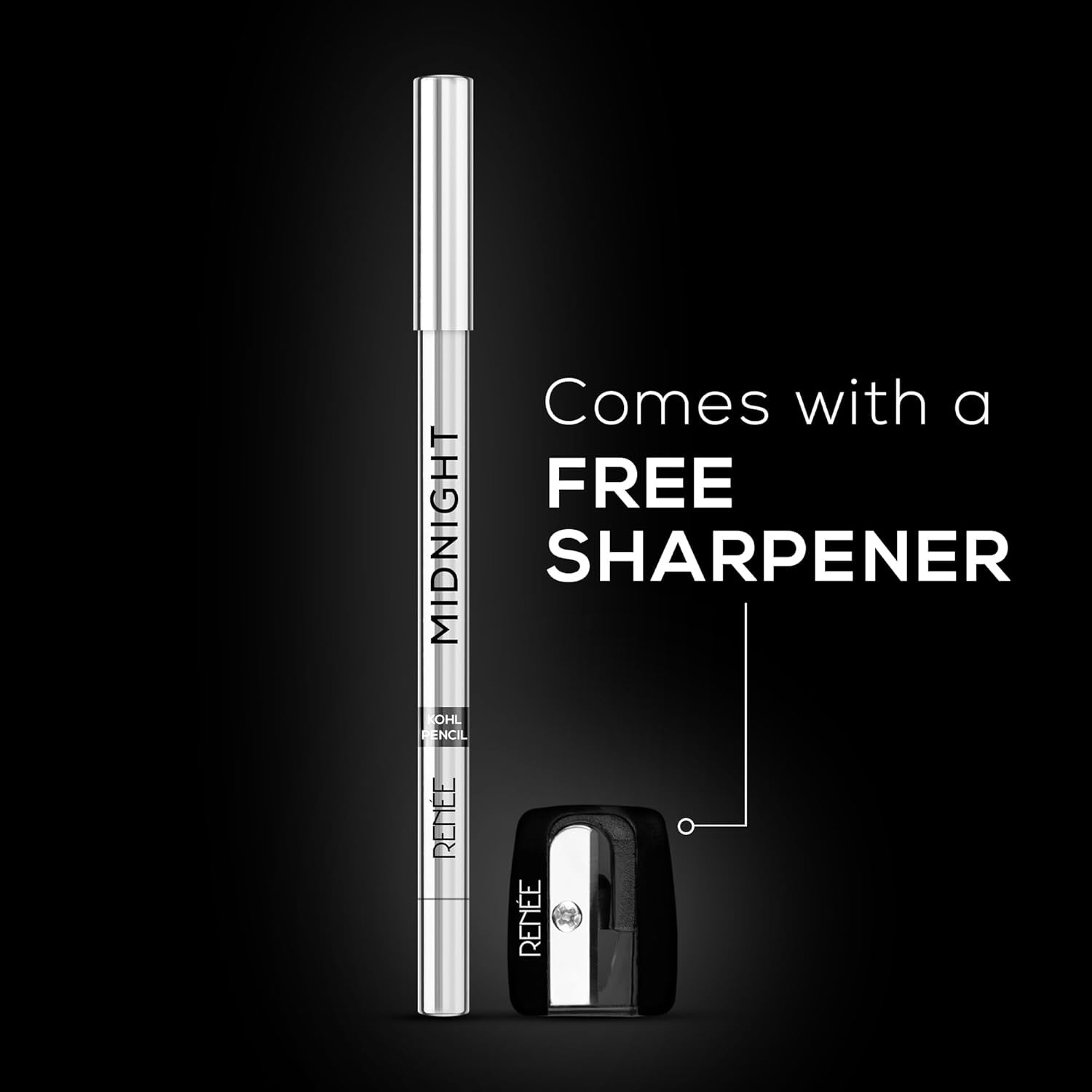 RENEE Midnight Kohl Kajal Pencil | Waterproof, Smudgeproof With Sharpener | 24 Hours Long Stay | Darkest Black | One Swipe Application | Vitamin E, Olive Oil and Castor Oil | Matte Finish |1.5 Gm, Black Kajal, kajal pencil, kohl, kajal for girls, Buy makeup products for men and women online in India at purepearlbeauty.com
