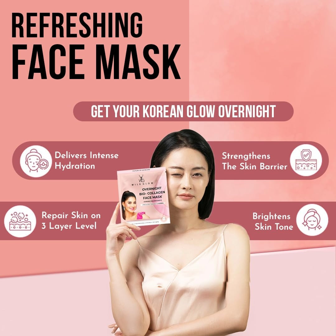 WILDGLOW Korean Glass Skin Bio-Collagen Overnight Face Mask for Deep Hydration, Pigmentation, Anti-Aging & Pore Minimizing | Hyaluronic Acid, Niacinamide, Vitamin E & Centella | Korean Glass Skin, Centella, Collagen mask, Niacinamide, Oligo Hyaluronic acid, Fairness face pack, peel off mask, for men & women, buy best face mask online at purepearlbeauty.com,
