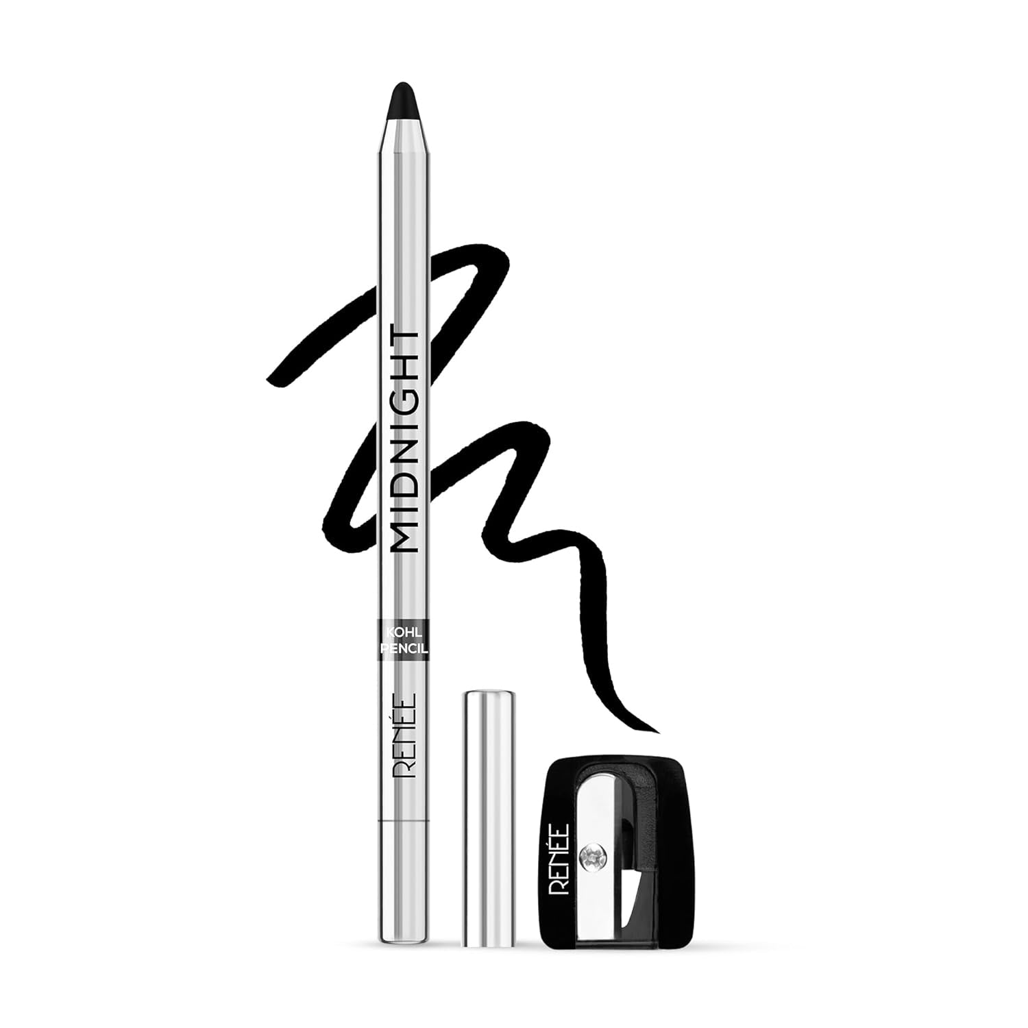 RENEE Midnight Kohl Kajal Pencil | Waterproof, Smudgeproof With Sharpener | 24 Hours Long Stay | Darkest Black | One Swipe Application | Vitamin E, Olive Oil and Castor Oil | Matte Finish |1.5 Gm, Black Kajal, kajal pencil, kohl, kajal for girls, Buy makeup products for men and women online in India at purepearlbeauty.com
