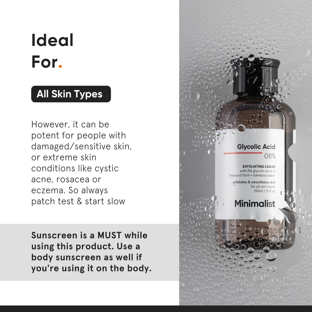 Minimalist 8% Glycolic Acid Toner For Glowing Skin | Multi-functional Exfoliating Toner With Bamboo Water for Body, Face, Underarms & Scalp | For Women & Men | 150 ml, FACE TONER, buy skincare product online in India at pure pearl beauty, 50% discount