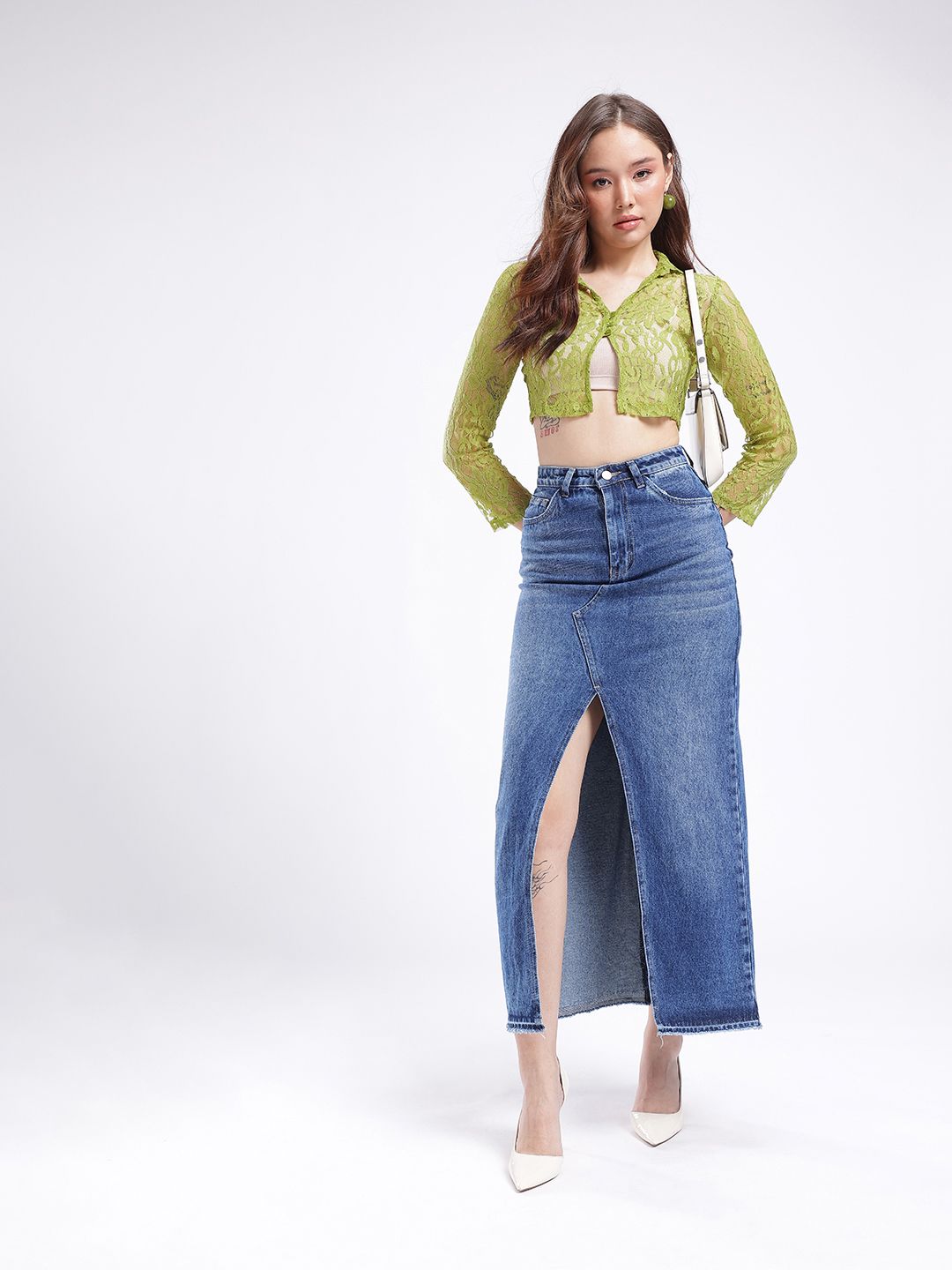 Shirt Style Sheer Lace Green Crop Top