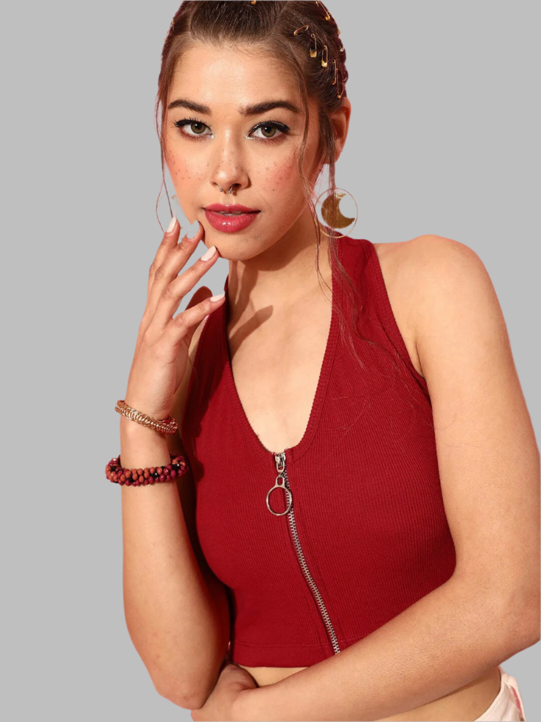 Halter Neck Zipper Crop Top