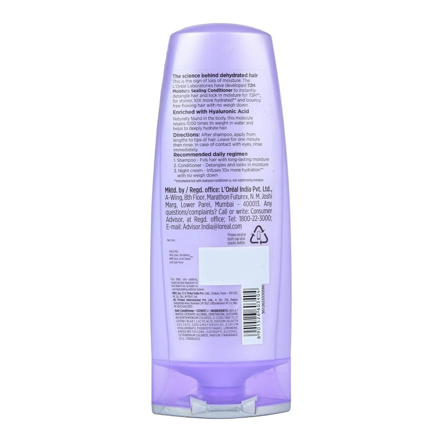 L'Oreal Paris Hyaluron Moisture 72H Moisture Sealing Conditioner powered by Hyaluronic Acid For Dry Hair, Makes Hair Frizz-free, Bouncy and Hydrated for 72 Hours, For All Hair Types- 180ml
