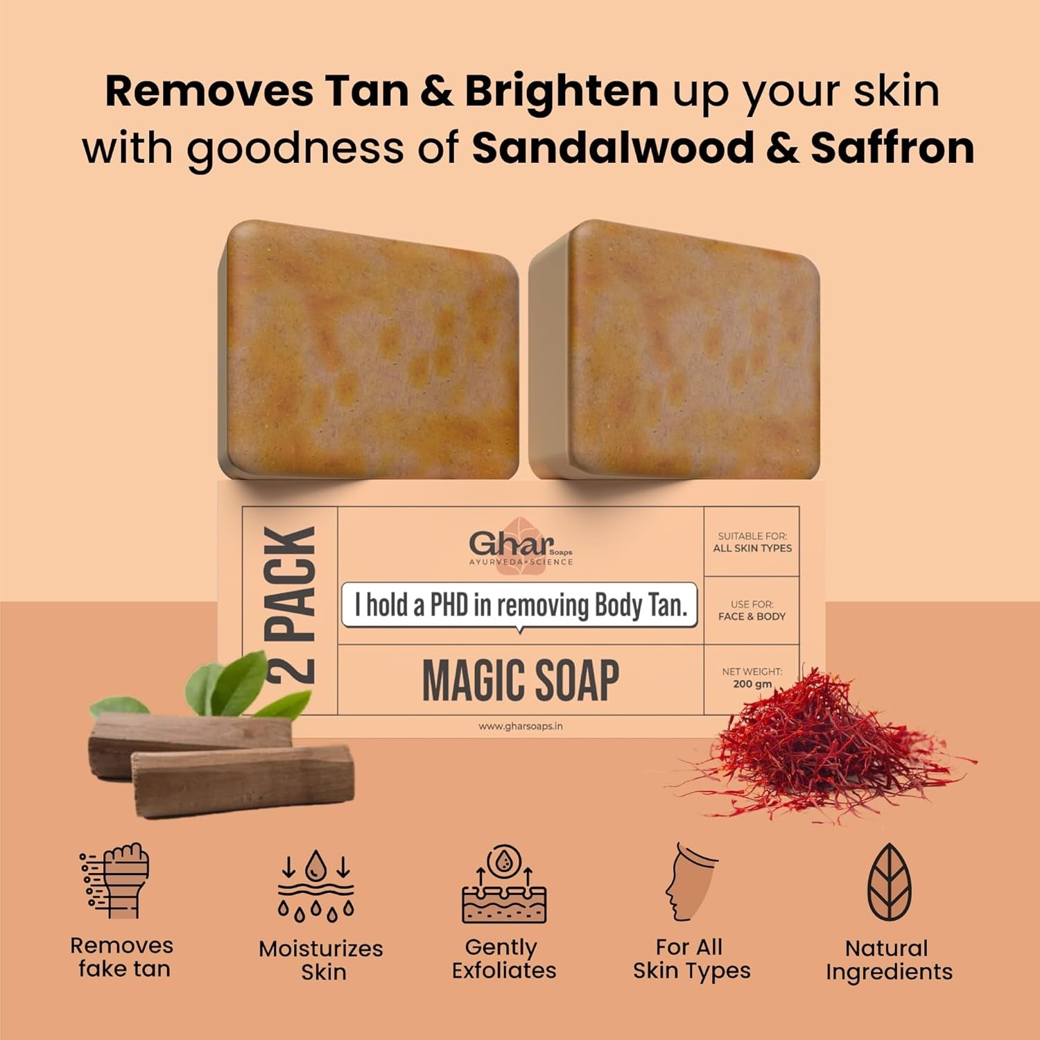 Ghar Soaps Sandalwood & Saffron Magic Soaps For Bath (100 Gms Pack Of 1) | Handmade Skin Brightening Soap For Men & Women