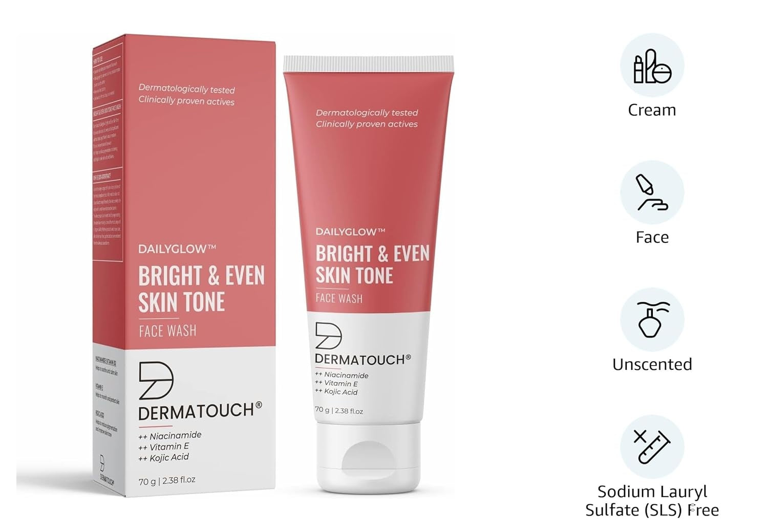 DERMATOUCH Bright & Even Tone Face Wash with Niacinamide, Vitamin E and Kojic Acid - 70G