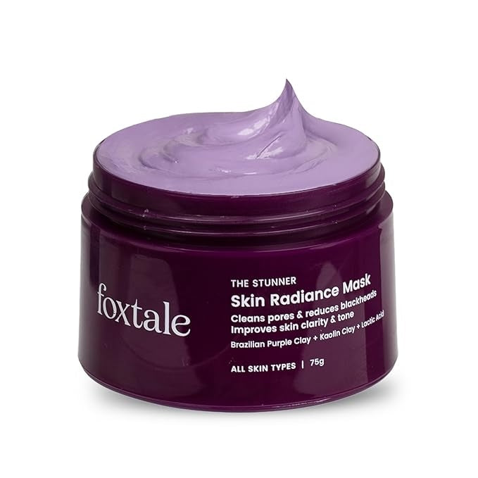 Foxtale De-Tan Face Mask for Glowing Skin| Clay Mask with Lactic Acid for Tan Removal, Reduction in Blackheads, Instant Brightening| New-Age Ubtan Face Pack for All Skin Types | Men & Women- 75g, Brazilian Purple Clay & Kaolin Clay, buy best face mask online at purepearlbeauty.com, Vegan, Cruelty Free, Paraben Free, Sulfate Free, Dermatologically Tested