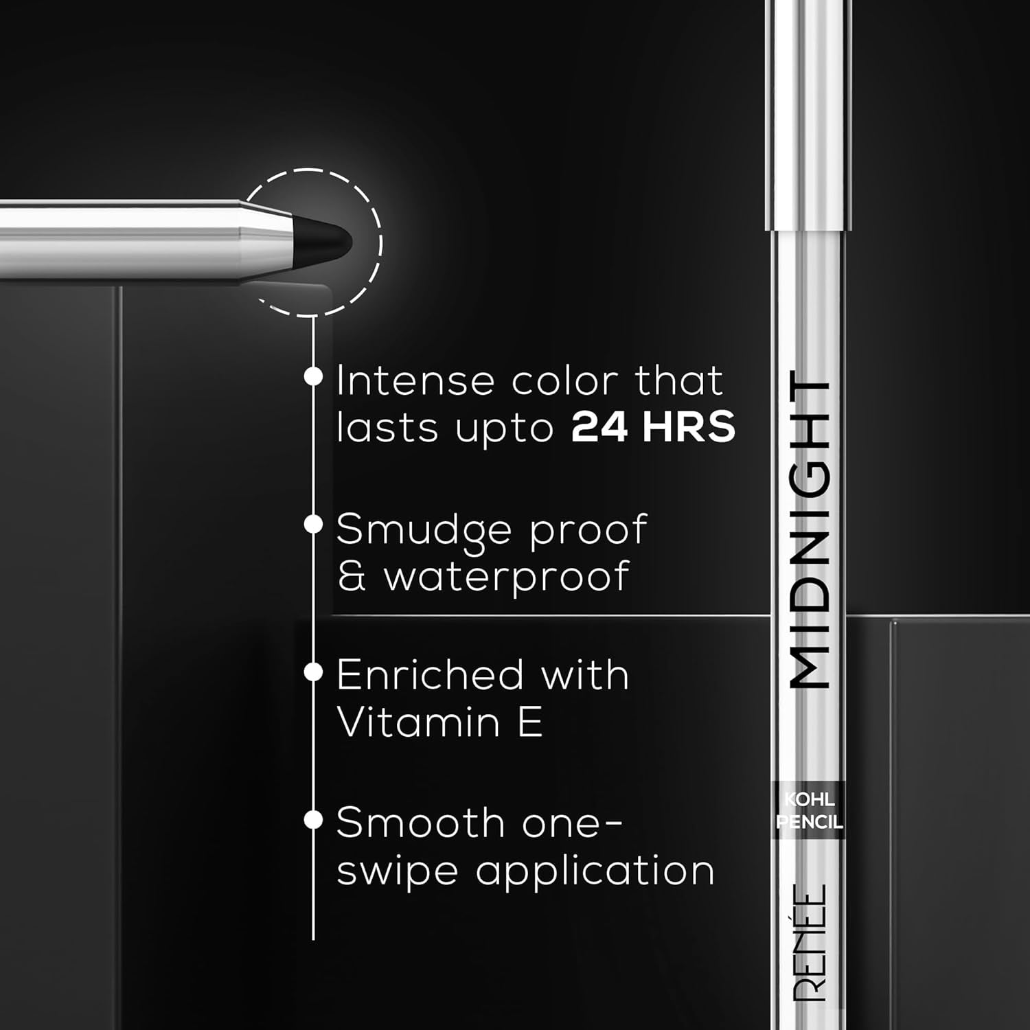 RENEE Midnight Kohl Kajal Pencil | Waterproof, Smudgeproof With Sharpener | 24 Hours Long Stay | Darkest Black | One Swipe Application | Vitamin E, Olive Oil and Castor Oil | Matte Finish |1.5 Gm, Black Kajal, kajal pencil, kohl, kajal for girls, Buy makeup products for men and women online in India at purepearlbeauty.com
