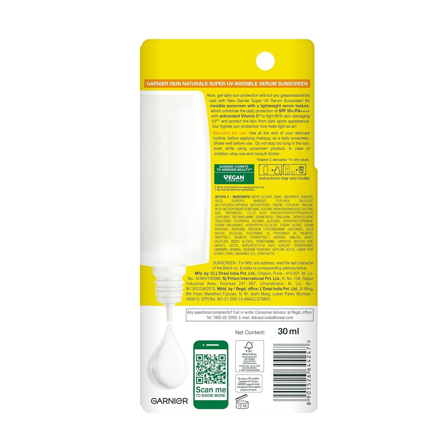 Garnier Super UV Invisible Serum Sunscreen SPF 50 | UVA/B Broad Spectrum | with Vitamin C, 30ml