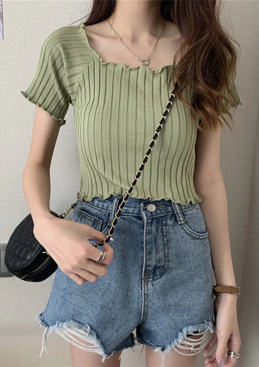 Green Square Neck Ribbed Crop Top