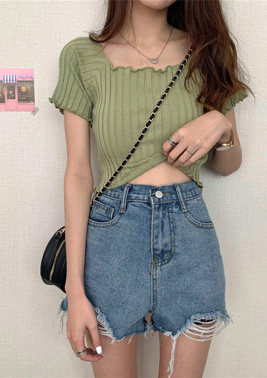 Green Square Neck Ribbed Crop Top