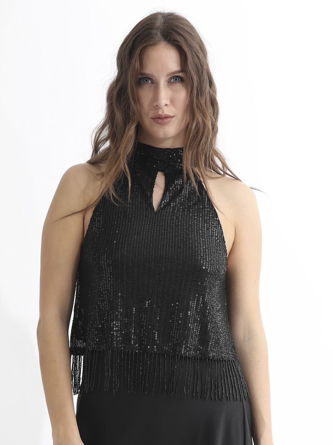 Maroon crop a-line top, Embellished, Halter neck, sleeveless, no sleeves, Sequinned detail, Woven, Buy western tops for women online at purepearlbeauty.com, at 50% discount, sale, limited edition, imported clothes, Partywear tops, sparkle, glitter, 
