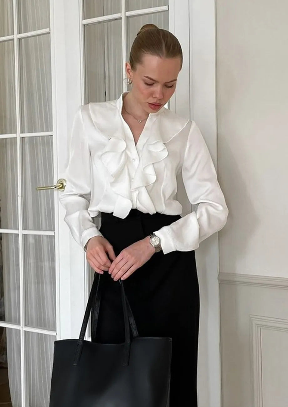 Flounce-Trimmed Satin Shirt