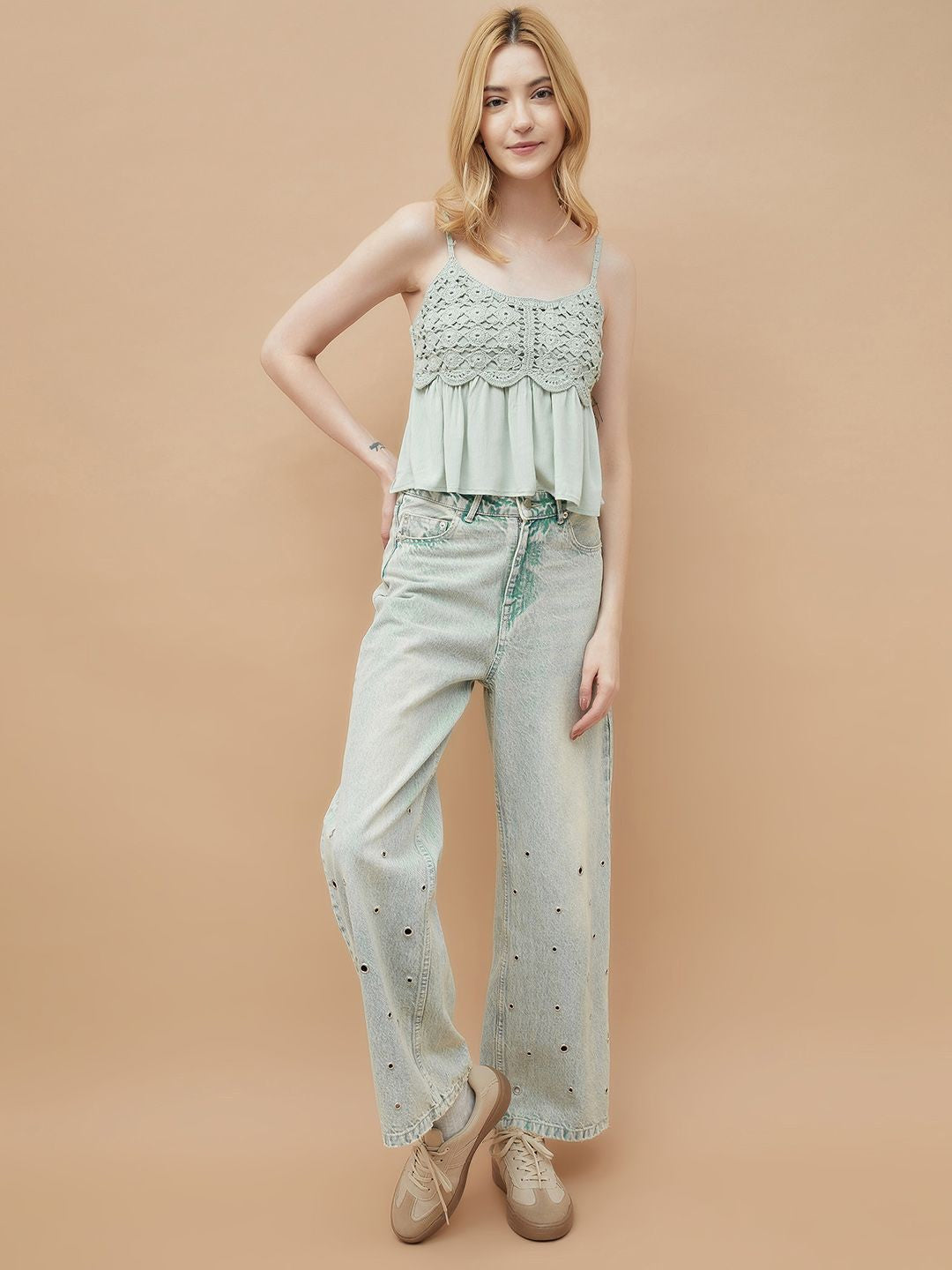 Green crop cute top, Self design solid, Round neck, sleeveless, shoulder, straps sleeves, Woven, new fashion 2025, Gen-z style, Buy western tops for women online at purepearlbeauty.com, at 50% discount, sale, limited edition, imported clothes, 
