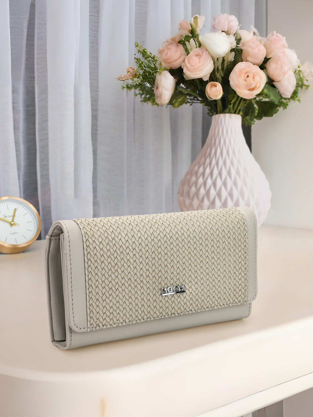 Grey Textured Envelope Clutch
