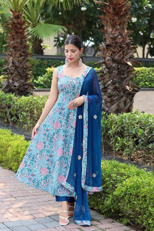 cotton blend Anarkali kurta set, women's cotton Anarkali suit, printed Anarkali kurta with pant
