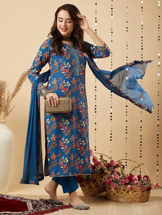 cotton kurta set for women, women's straight kurta with pants, kurta pant dupatta set