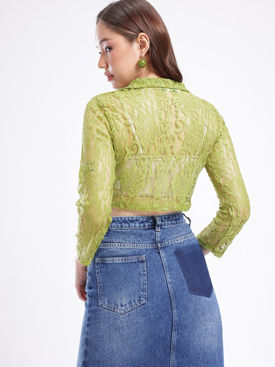 Shirt Style Sheer Lace Green Crop Top