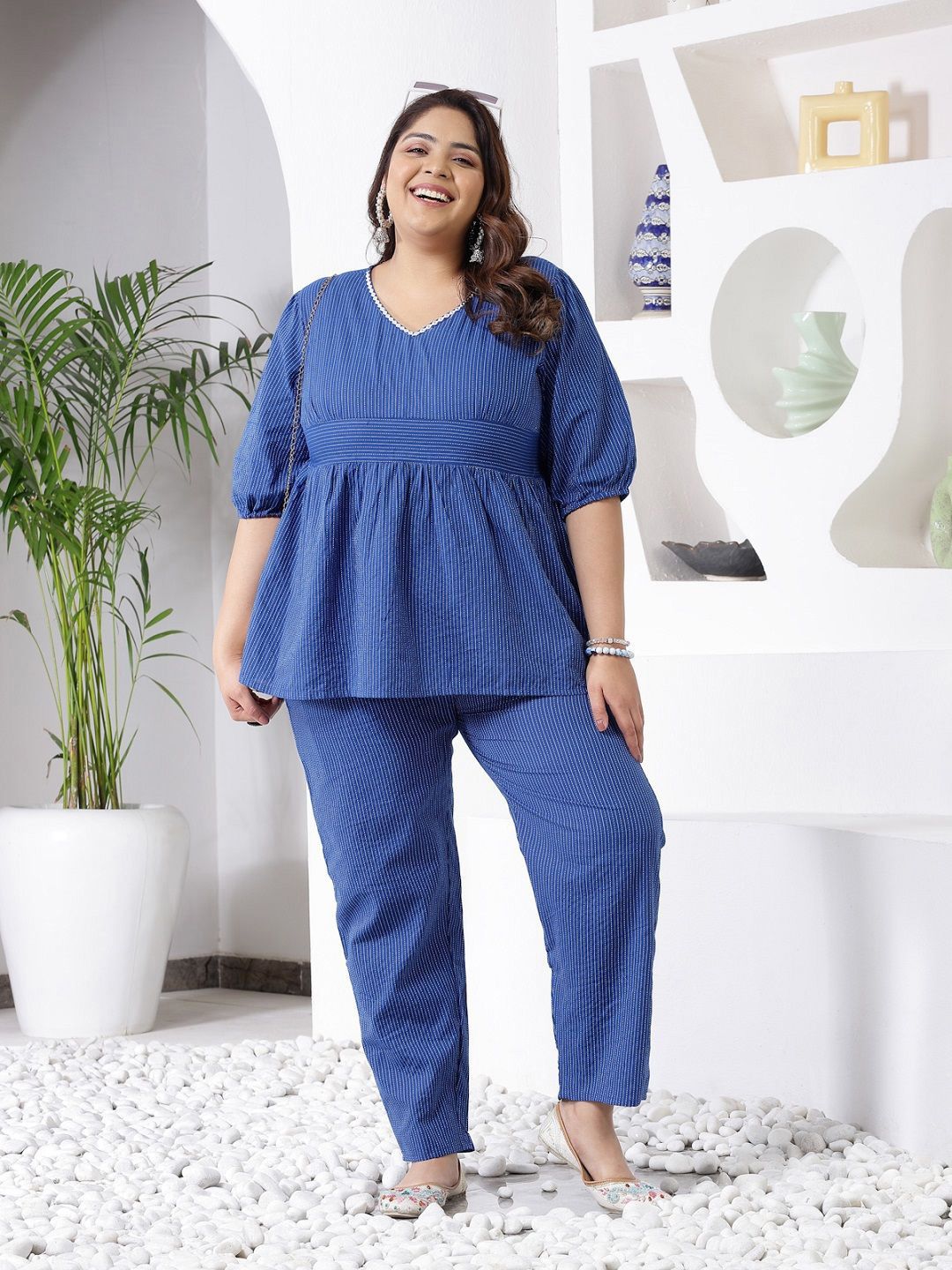 Blue Top for women, Vertical stripes, Regular length, V-neck, Three-quarter, Puff sleeves, Woven, curve, regular fitted top, Floral print, V-neck, sleeveless, no sleeves, Woven, Button closure, plus size tops, tops for big breast, big bust size, Buy western tops for women online at purepearlbeauty.com, at 50% discount, sale, limited edition, imported clothes, 4XL, 5X, 6XL, 7XL