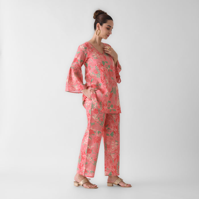 Peach Floral Cotton Co-ord Set with Flared Sleeves