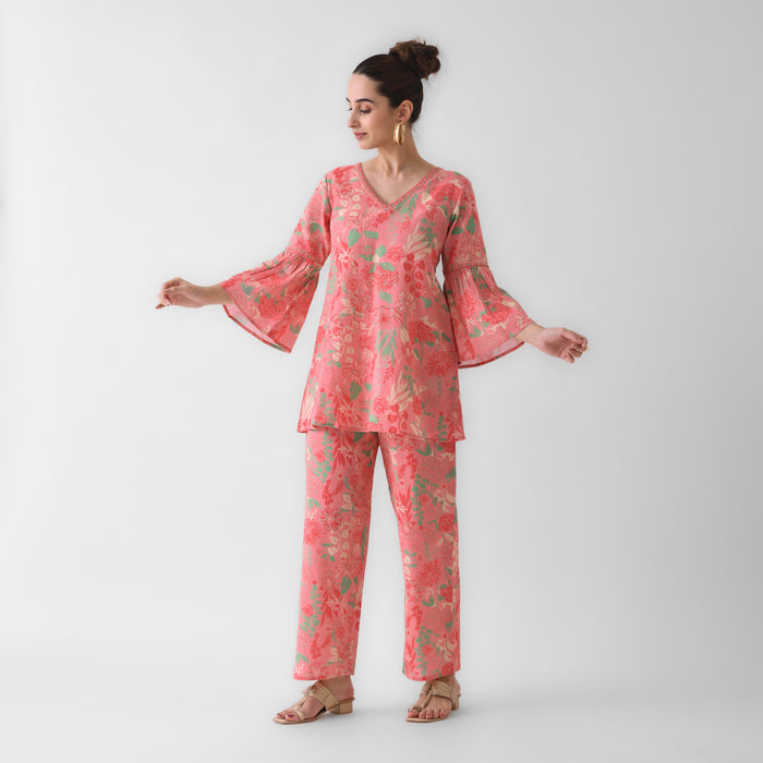 Peach Floral Cotton Co-ord Set with Flared Sleeves