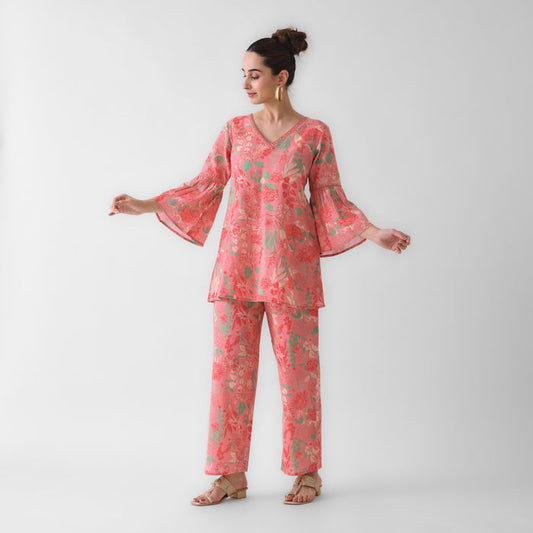 Peach Floral Cotton Co-ord Set with Flared Sleeves