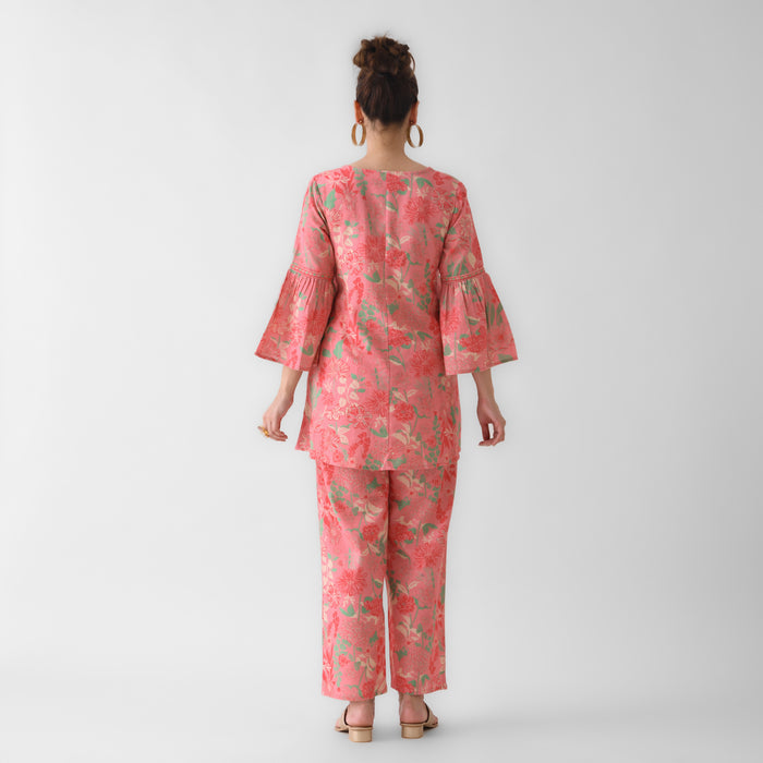 Peach Floral Cotton Co-ord Set with Flared Sleeves