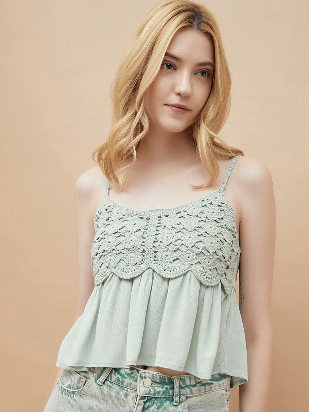 Green crop cute top, Self design solid, Round neck, sleeveless, shoulder, straps sleeves, Woven, new fashion 2025, Gen-z style, Buy western tops for women online at purepearlbeauty.com, at 50% discount, sale, limited edition, imported clothes, 
