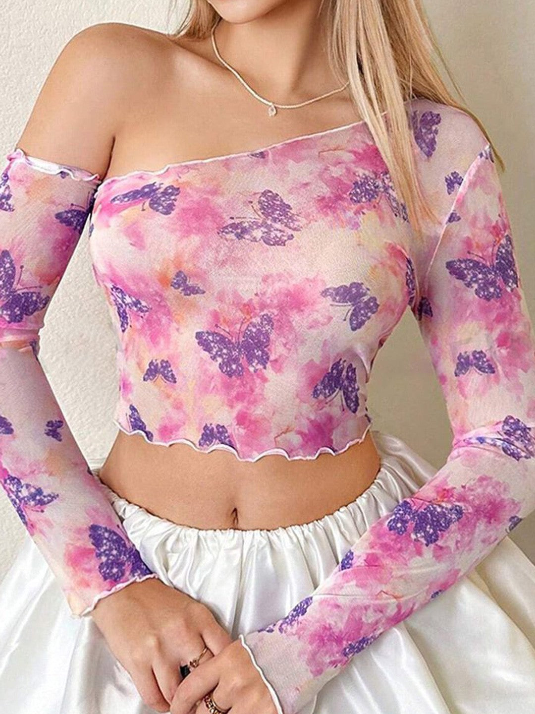 Womens Fashion, Western Wear, western Tops for women, Crop Top, Casual Tops, One Shoulder, Floral print, Pink Top, buy western wear, western tops for omen online in India at pure pearl beauty, western clothing online, plus size clothes for ladies, cute tops, casual