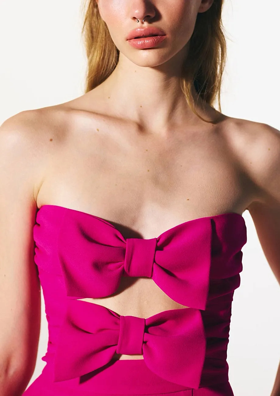 Rose Red Bow-Decor Zipper-Back Bandeau Dress