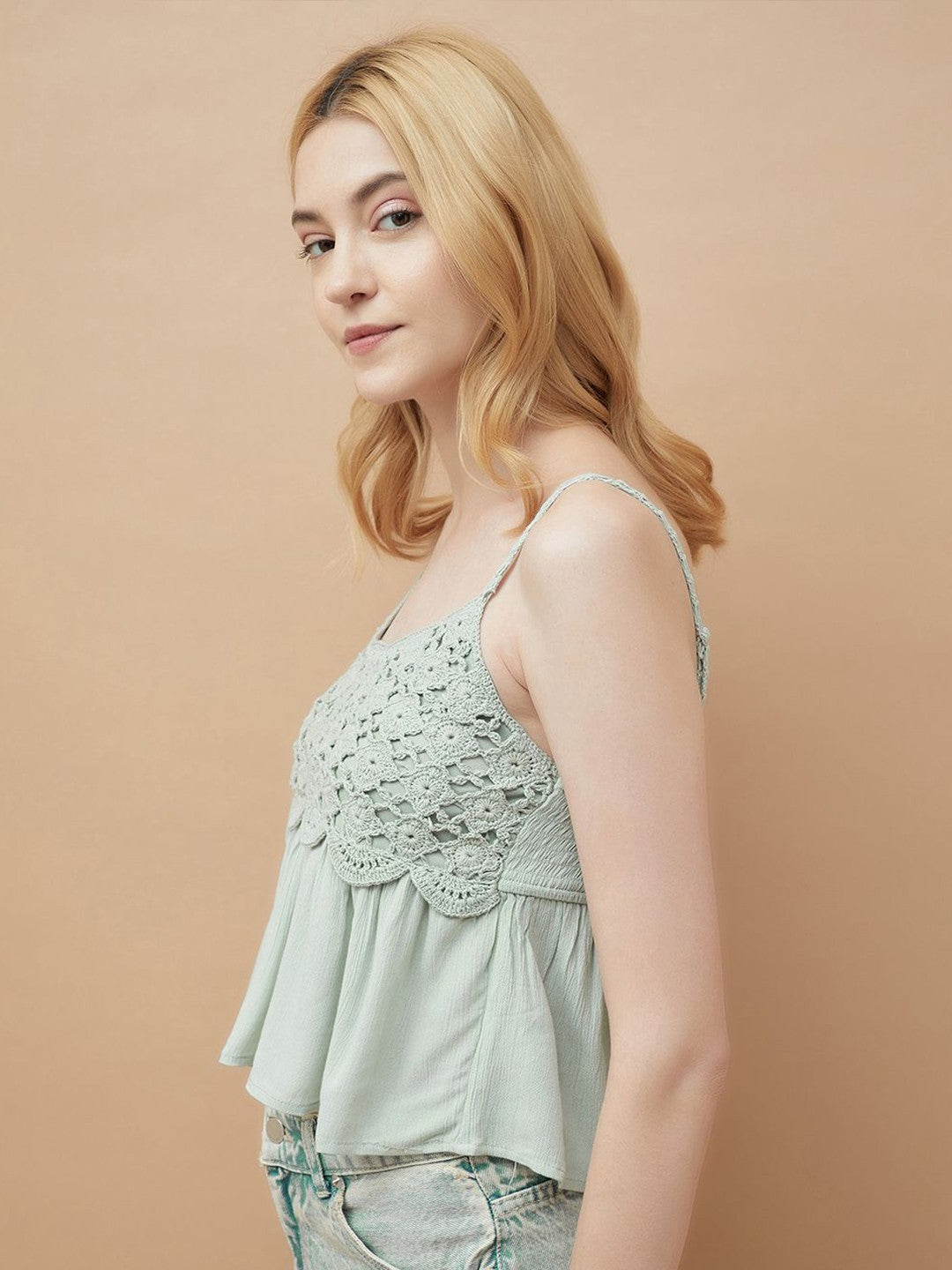Green crop cute top, Self design solid, Round neck, sleeveless, shoulder, straps sleeves, Woven, new fashion 2025, Gen-z style, Buy western tops for women online at purepearlbeauty.com, at 50% discount, sale, limited edition, imported clothes, 
